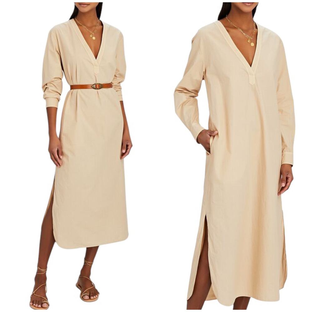 Nili Lotan NWT Raven Cotton Poplin Midi Dress Sand Size XS Long Sleeve Pockets